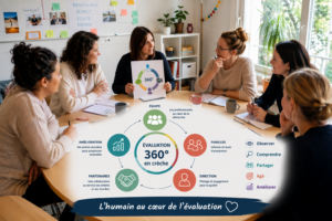 Réunion d’équipe autour d’une démarche d’évaluation qualité en crèche et d’amélioration continue des pratiques professionnelles.