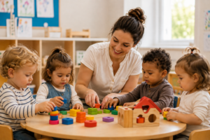 Professionnelle de crèche accompagnant de jeunes enfants lors d’une activité